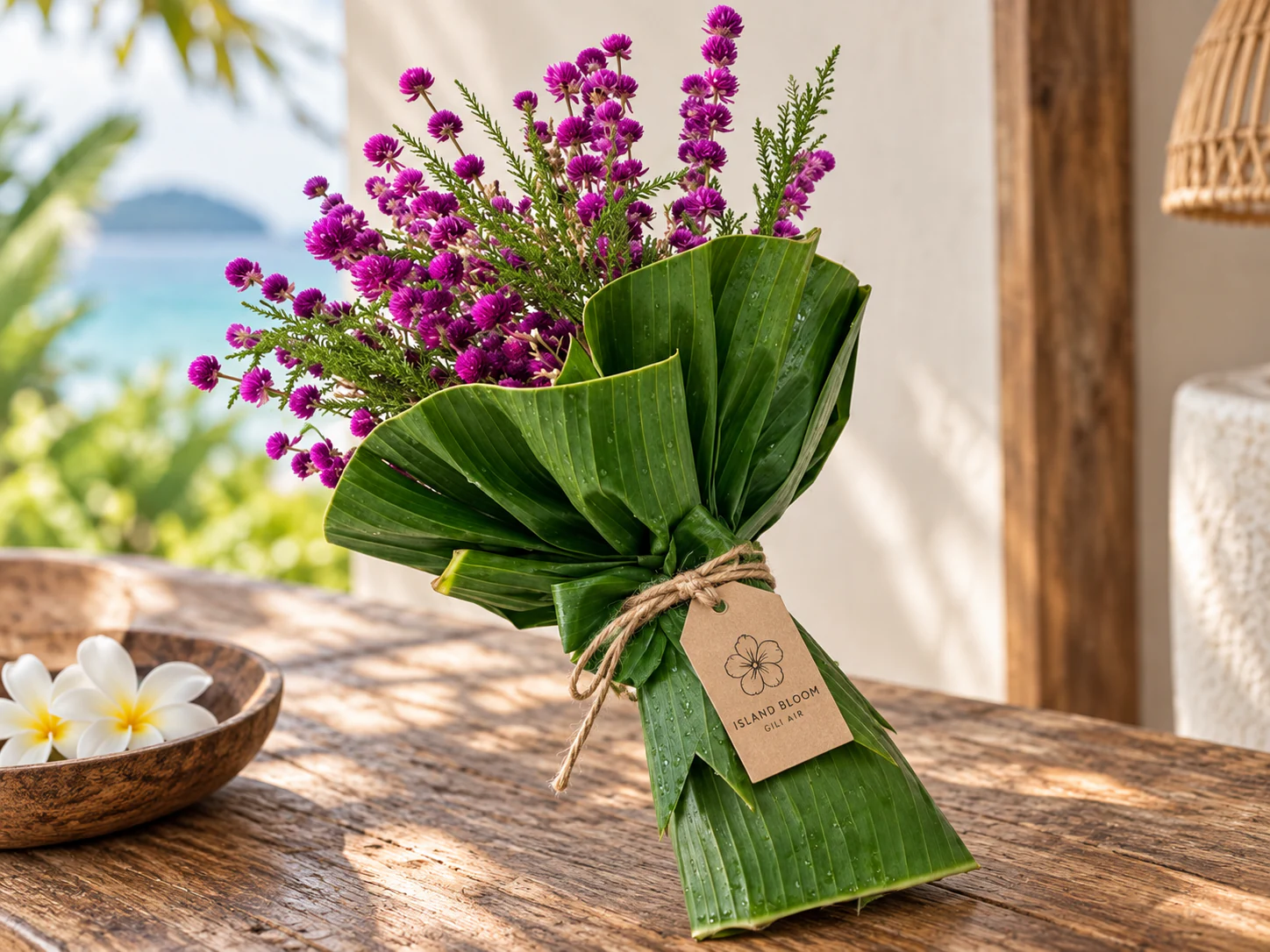Island Bloom flowers wrapped with banana leaves and natural twine