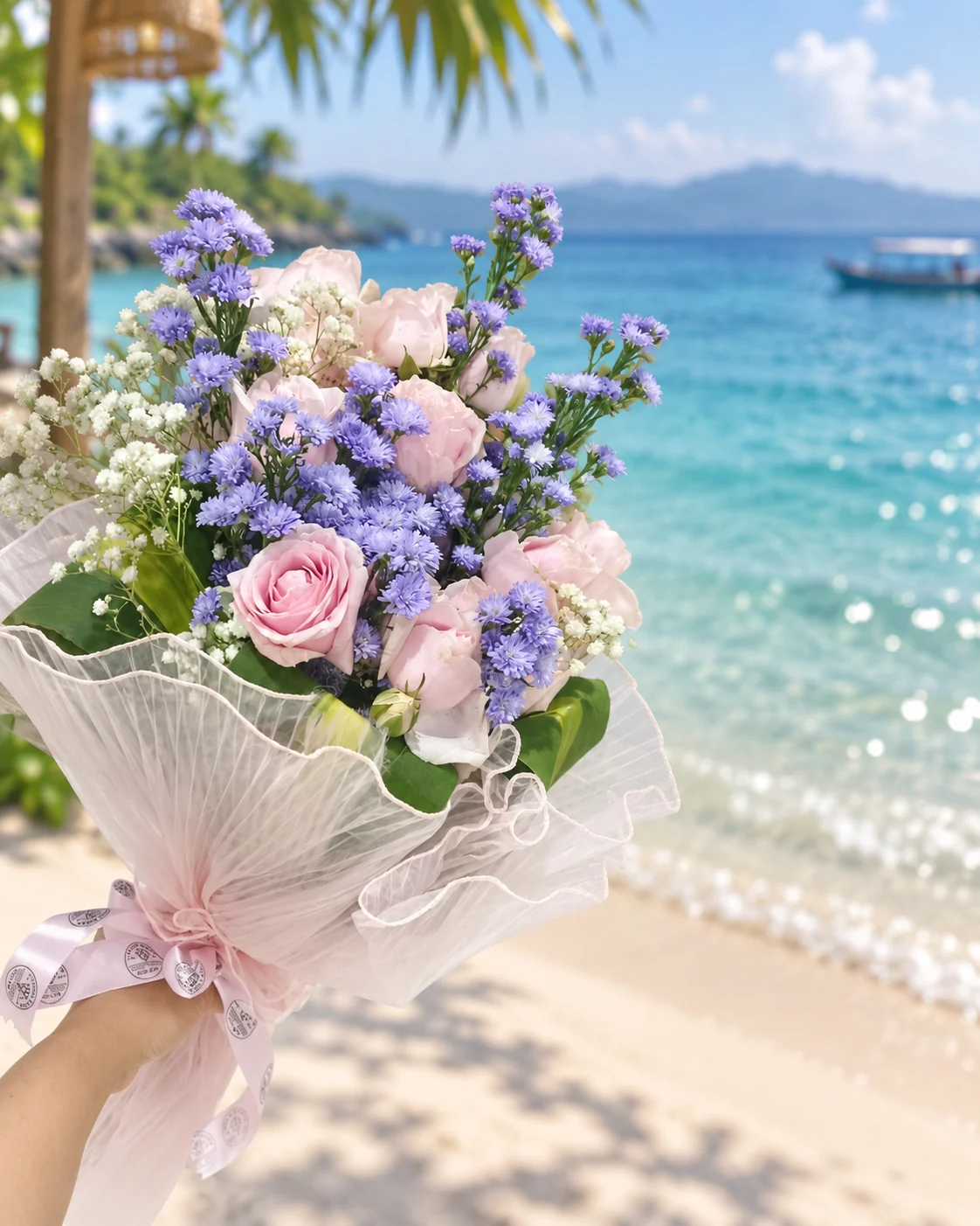 Romantic bouquet of pink roses and purple flowers by the turquoise sea