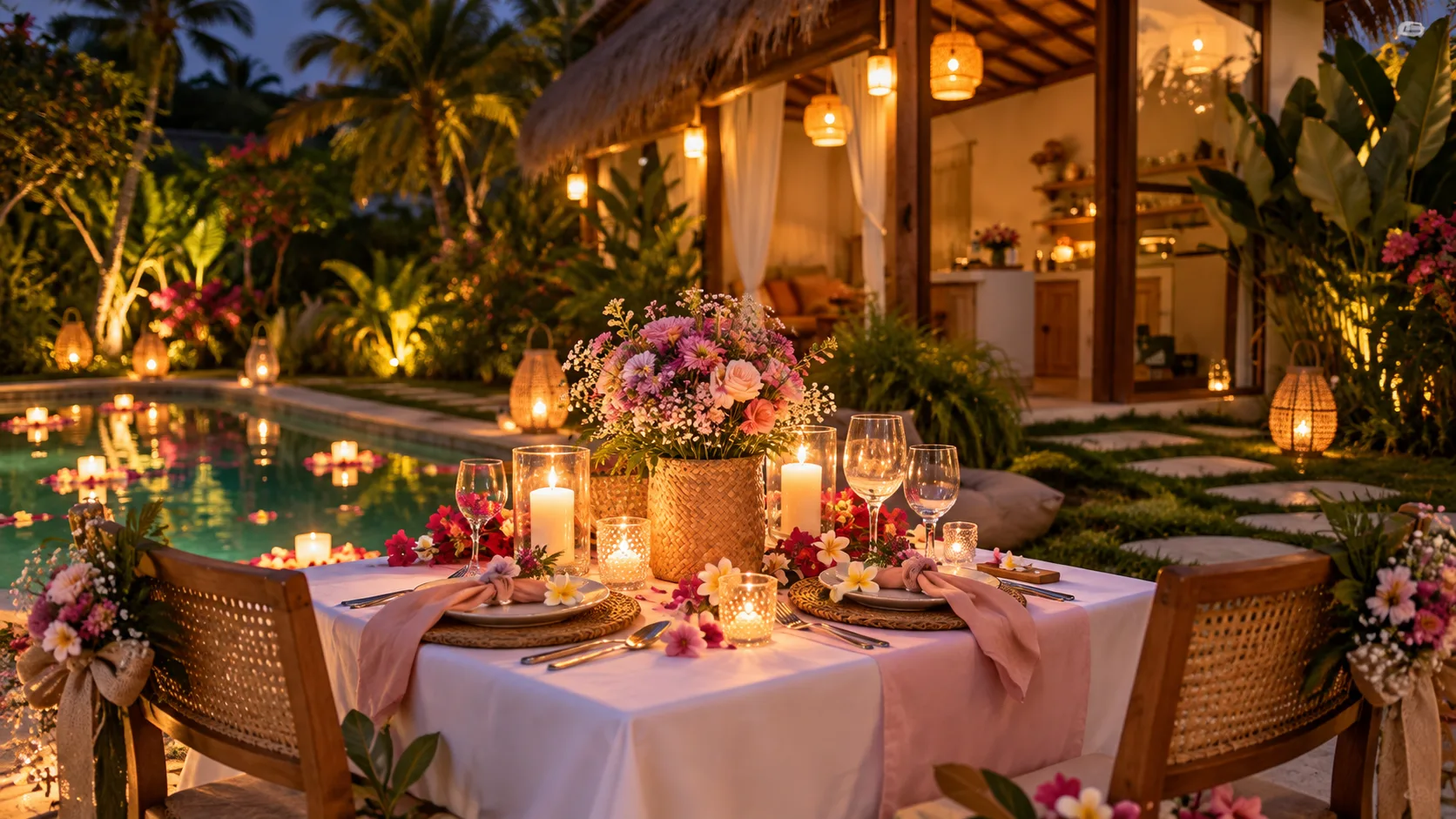 Private villa dinner beside a pool
