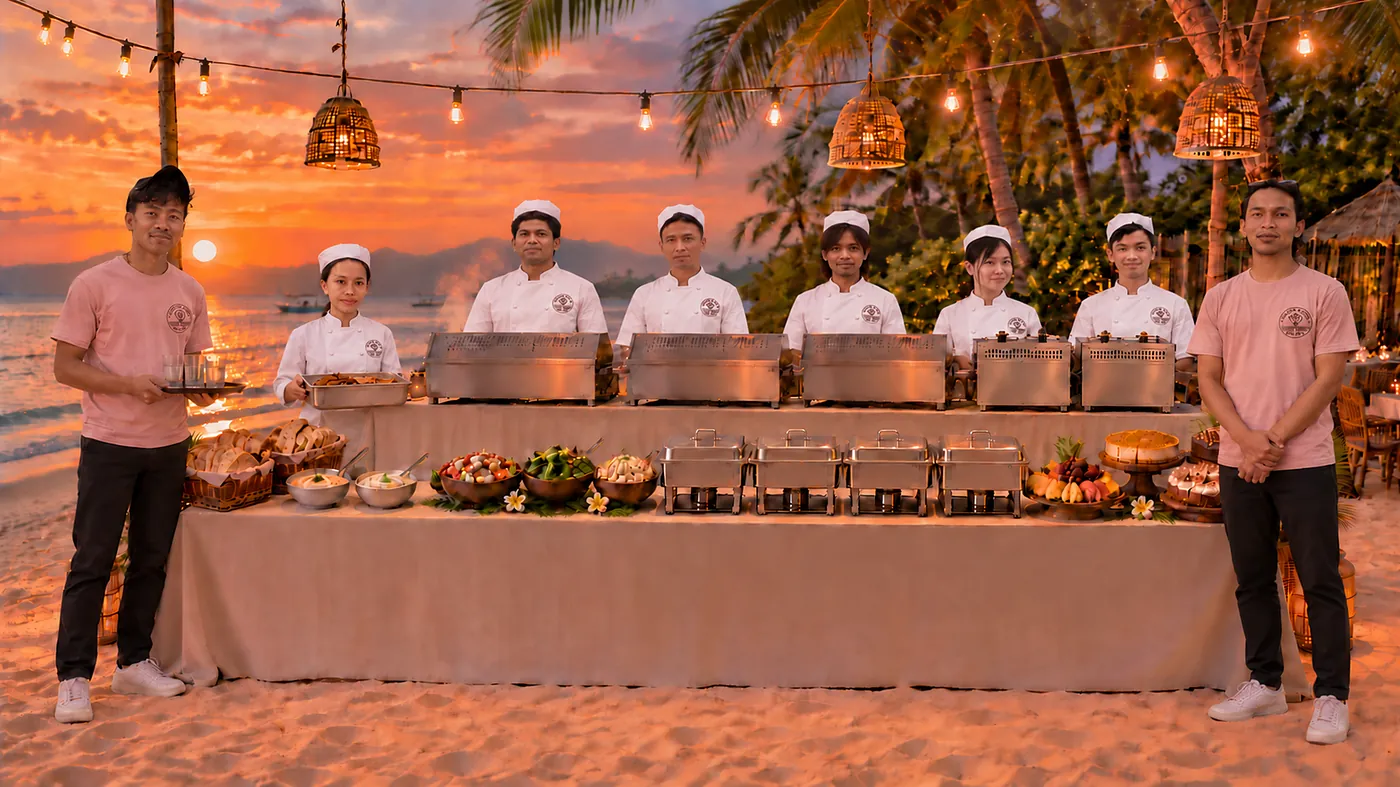 Island Bloom catering team and food station on Gili Air