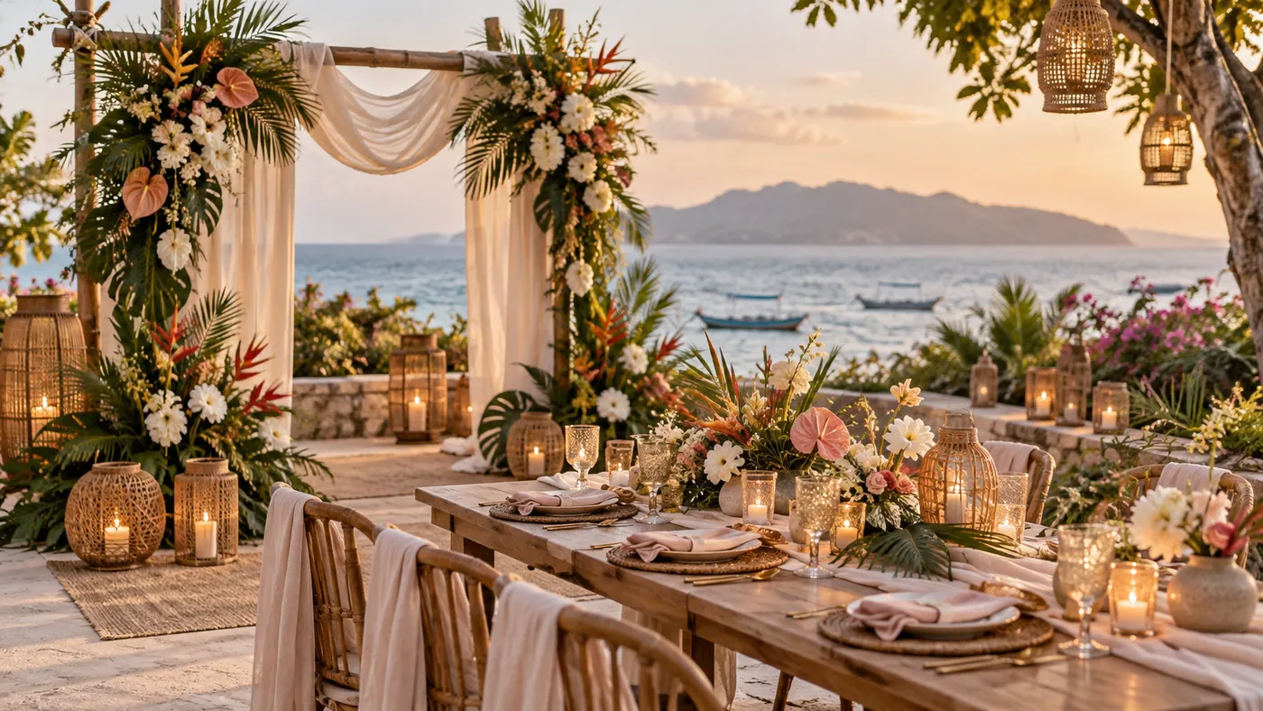 Floral event styling and decorated dining table by the beach