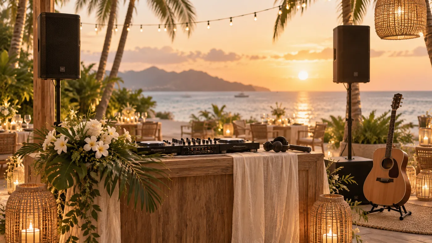 DJ, music equipment and acoustic guitar prepared for a sunset event
