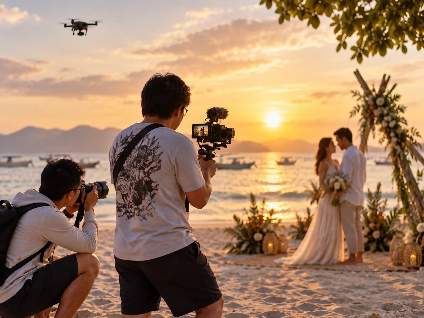 Photography and video team capturing a beach wedding at sunset